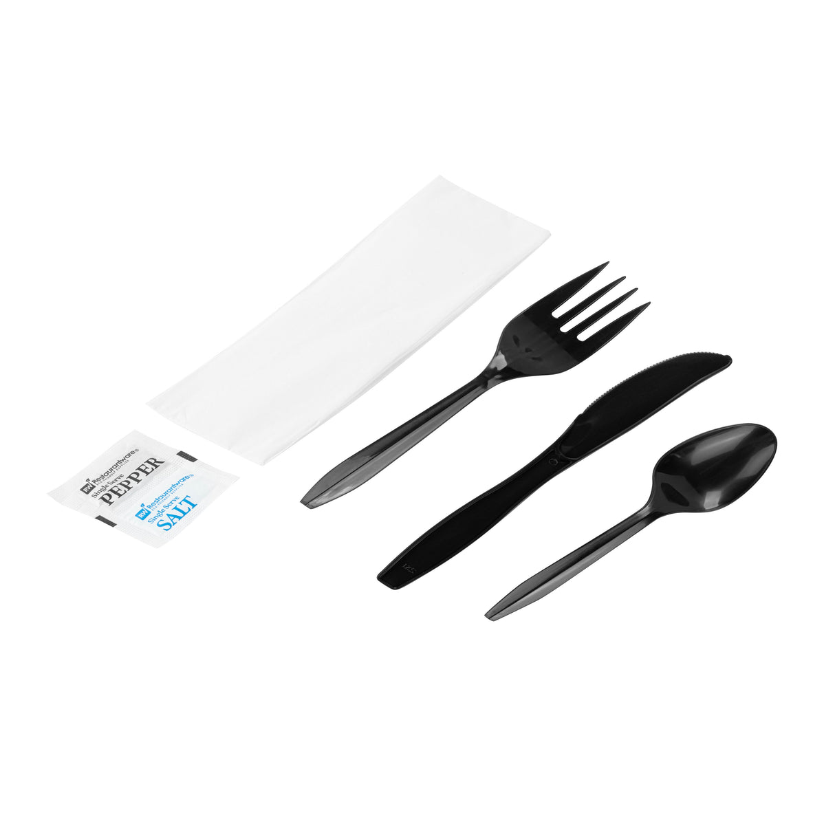 Cutlery Kits, Fork/Knife/Spoon, RW Base, Plastic, Black, 6.50 Inch, includes Napkin/Salt/Pepper, Wrapped,2 - 250 COUNT