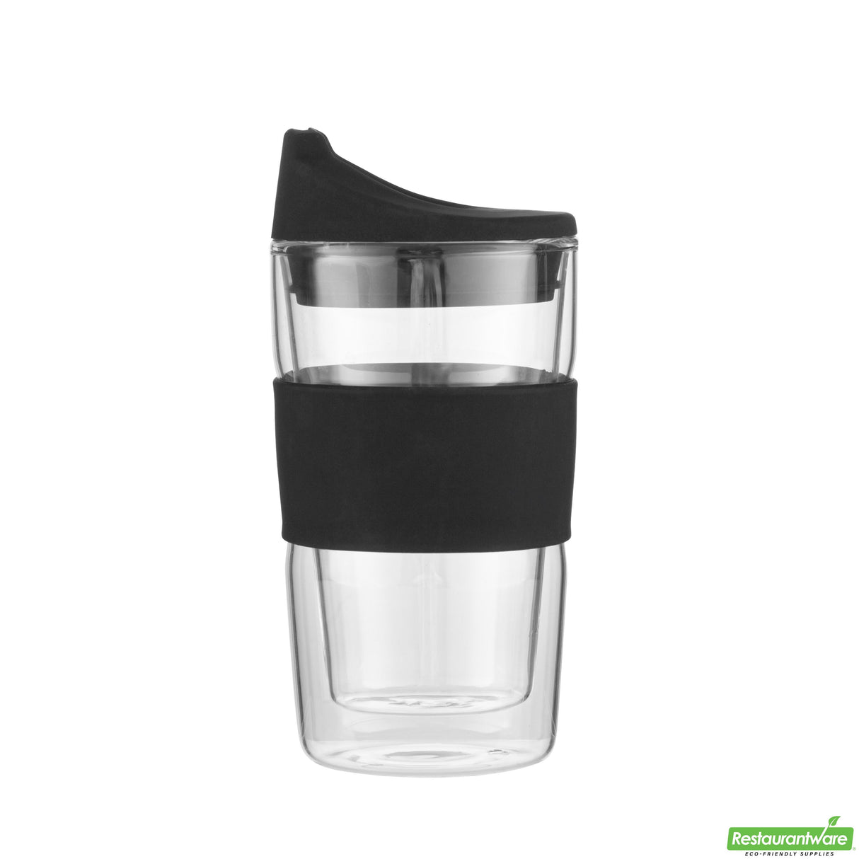 Mugs, Travel, Forma Glass, 12 Ounce, Double-Wall, Borosilicate, includes Black Lid & Sleeve,10 - 1 EACH