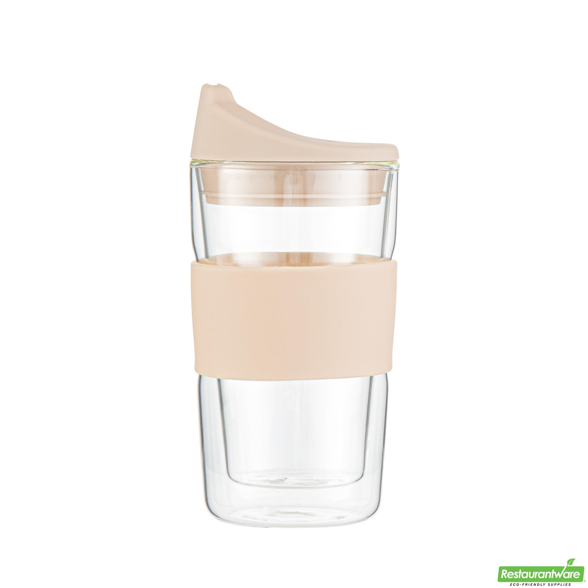 Mugs, Travel, Forma Glass, 12 Ounce, Double-Wall, Borosilicate, includes Tan Lid & Sleeve,10 - 1 EACH