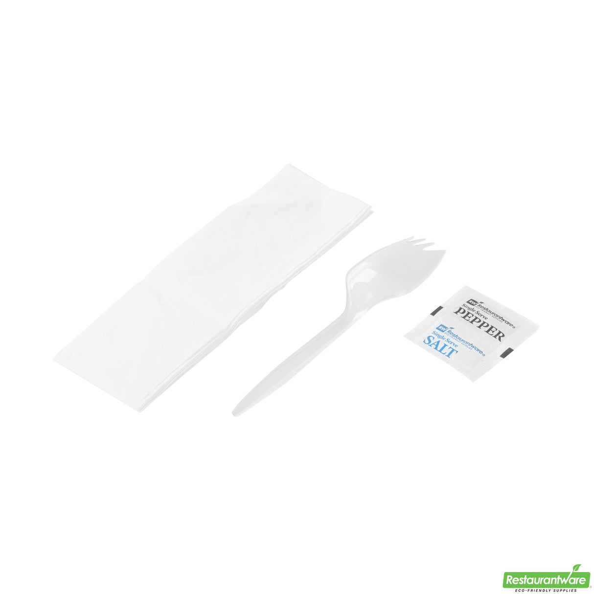 Cutlery Kits, Spork, RW Base, Plastic, White, with Napkin/Salt/Pepper, 5.25 Inch, Wrapped,250 - 4 PIECE