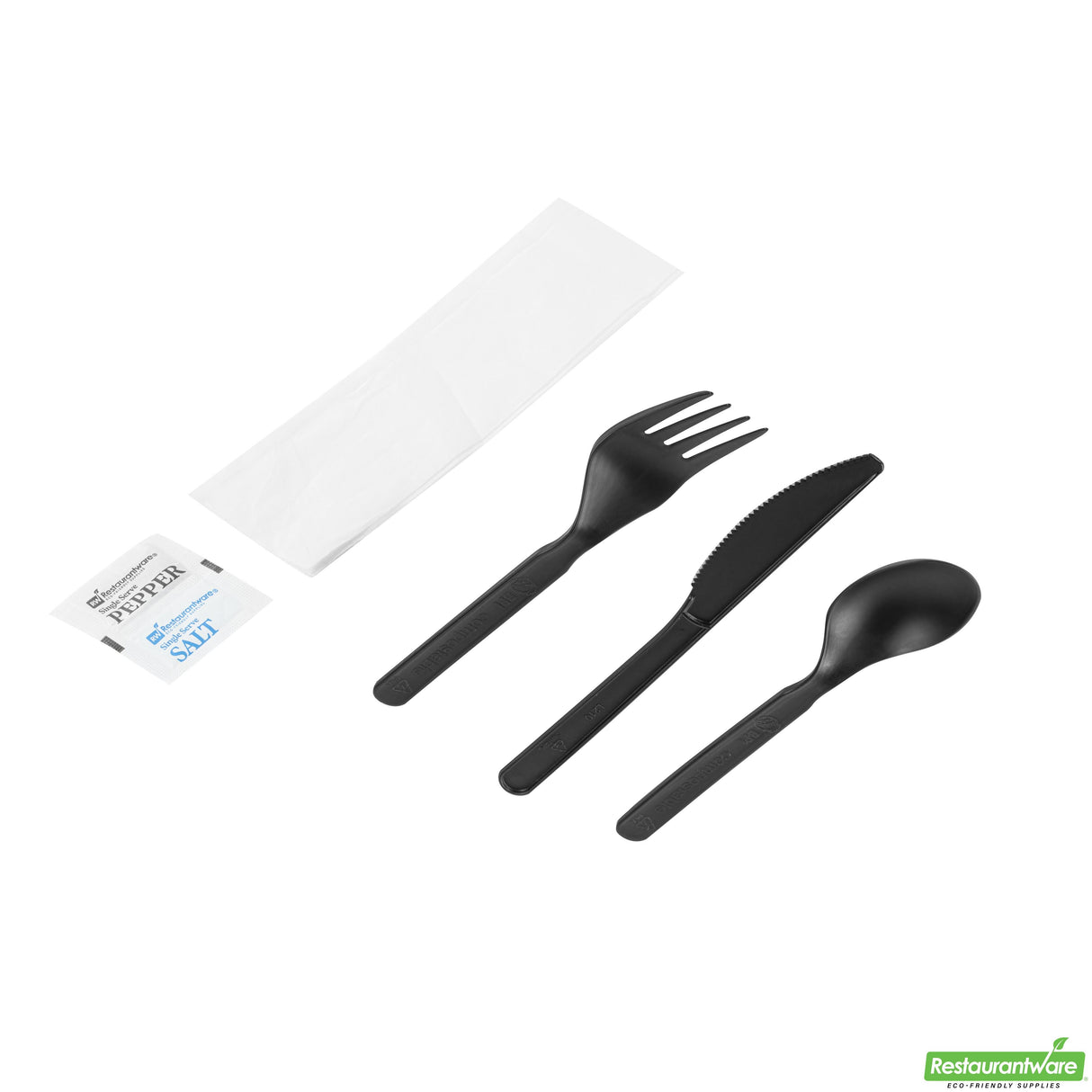 Cutlery Kits, Fork/Knife/Spoon, Basic Nature, Plastic, Black, with Napkin/Salt/Pepper, 6.25 Inch, Wrapped,250 - 6 PIECE