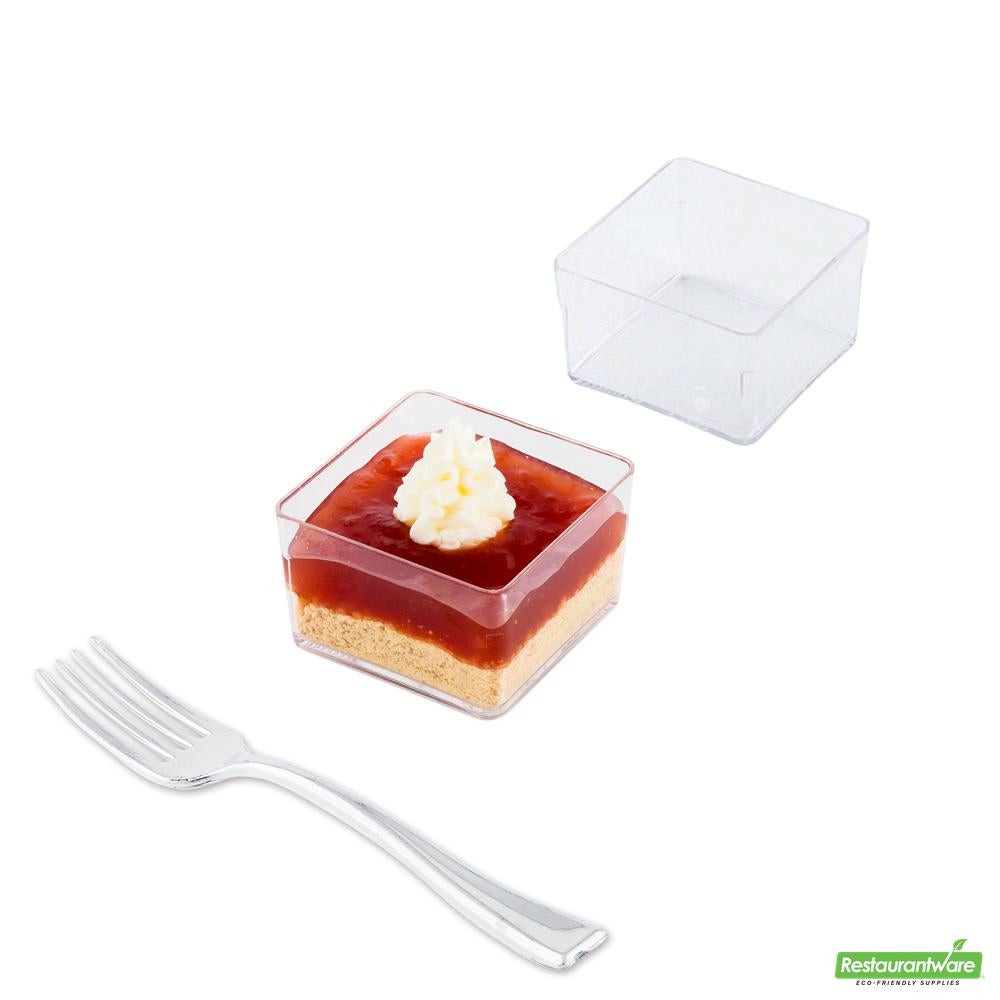 Cup Set, Quadrato 2 Ounce, Plastic, Clear, Square, includes 4 Inch Silver Plastic Fork,5 - 20 COUNT