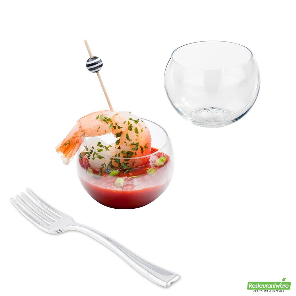 Cup Set, Sphere 2 Ounce, Plastic, Clear, includes 4 Inch Silver Plastic Fork,20 - 5 COUNT