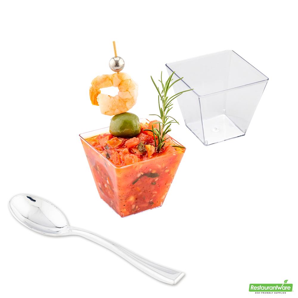 Cup Set, Kova 4 Ounce, Plastic, Clear, Square, includes 4 Inch Silver Plastic Spoons,5 - 20 COUNT