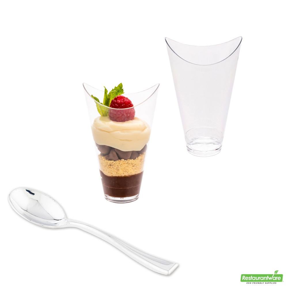 Cup Set, Mezzaluna 3 Ounce, Plastic, Clear, includes 4 Inch Silver Plastic Spoons,4 - 25 COUNT