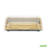 Trays, Take-Out Sushi, Roku 8.25 x 5.25 x 1.50 Inch, Plastic, Gold, Rectangular, includes Clear Lid,100 - 2 PIECE