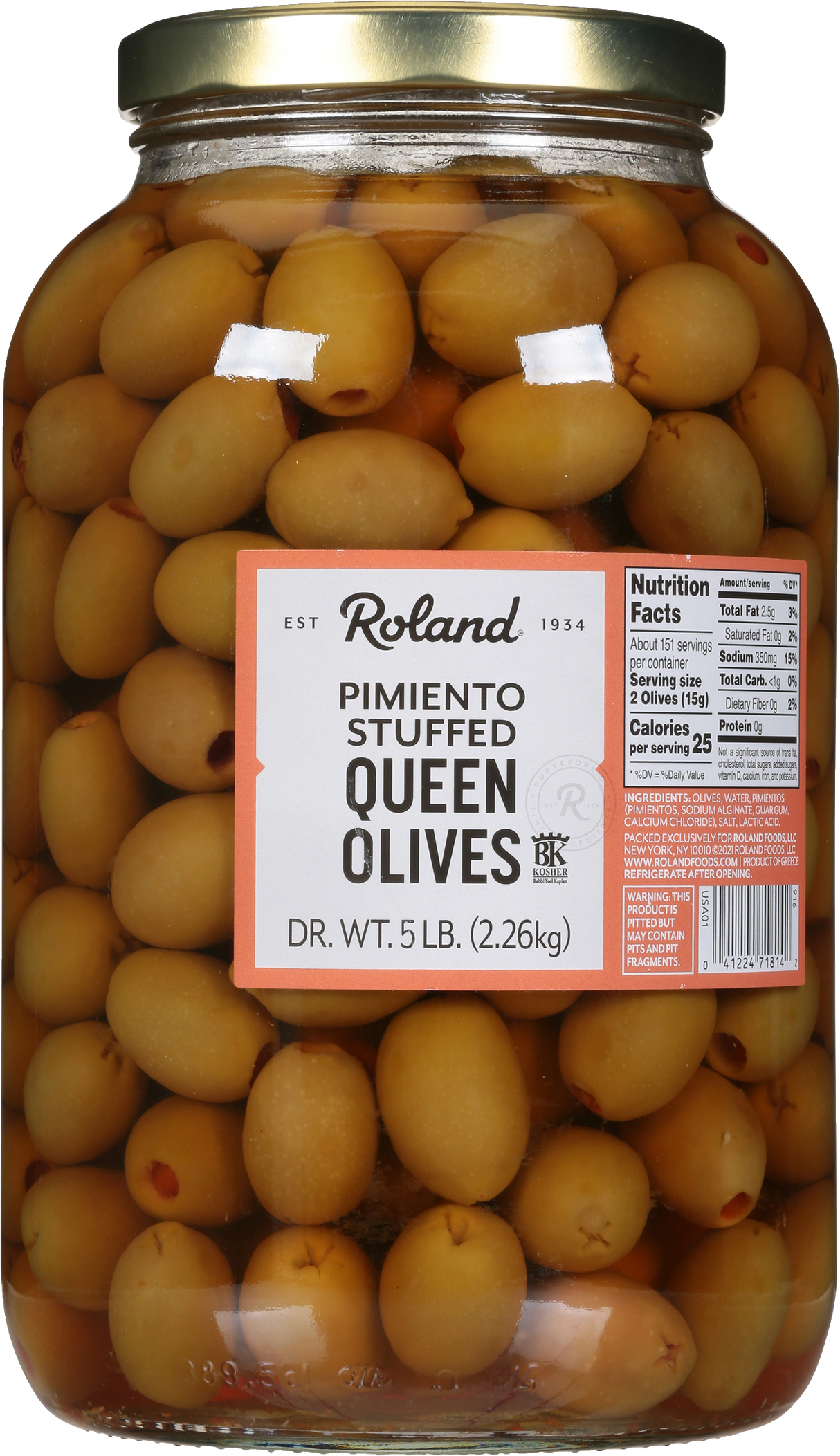 Olives, Queen, Stuffed with Pimento Cheese,4 - 5 POUND