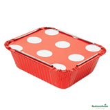Container, Take-Out, Small 12 Ounce, Red Foil, Rectangle, with Polka Dot Paper Lid, 12 Ounce,1 - 200 COUNT