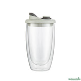 Mugs, Travel, 15 Ounce, Glass, Double Wall, with Gray Lid,10 - 1 EACH