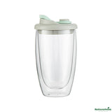 Mugs, Travel, 15 Ounce, Glass, Double Wall, with Gray & Green Lid,10 - 1 EACH