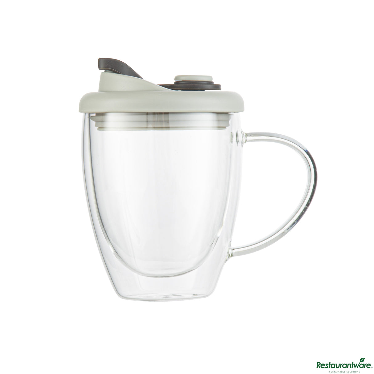 Mugs, Travel, 12 Ounce, Glass, Double Wall, with Handle & Gray Lid,10 - 1 EACH