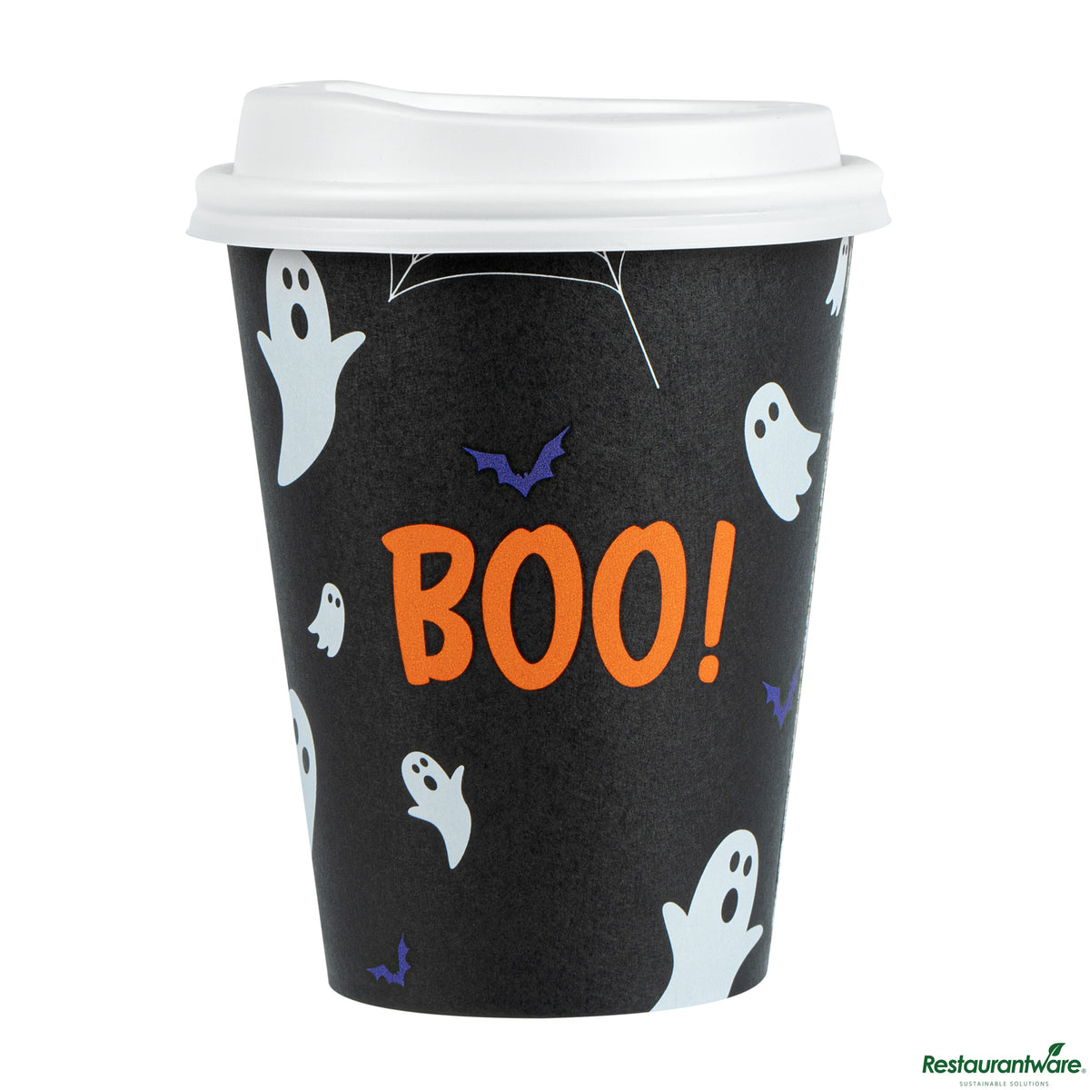 Cups, 12 Ounce, Paper, White, Single Wall, Halloween Printed, with Lids, 1 Each,400 - 1 COUNT