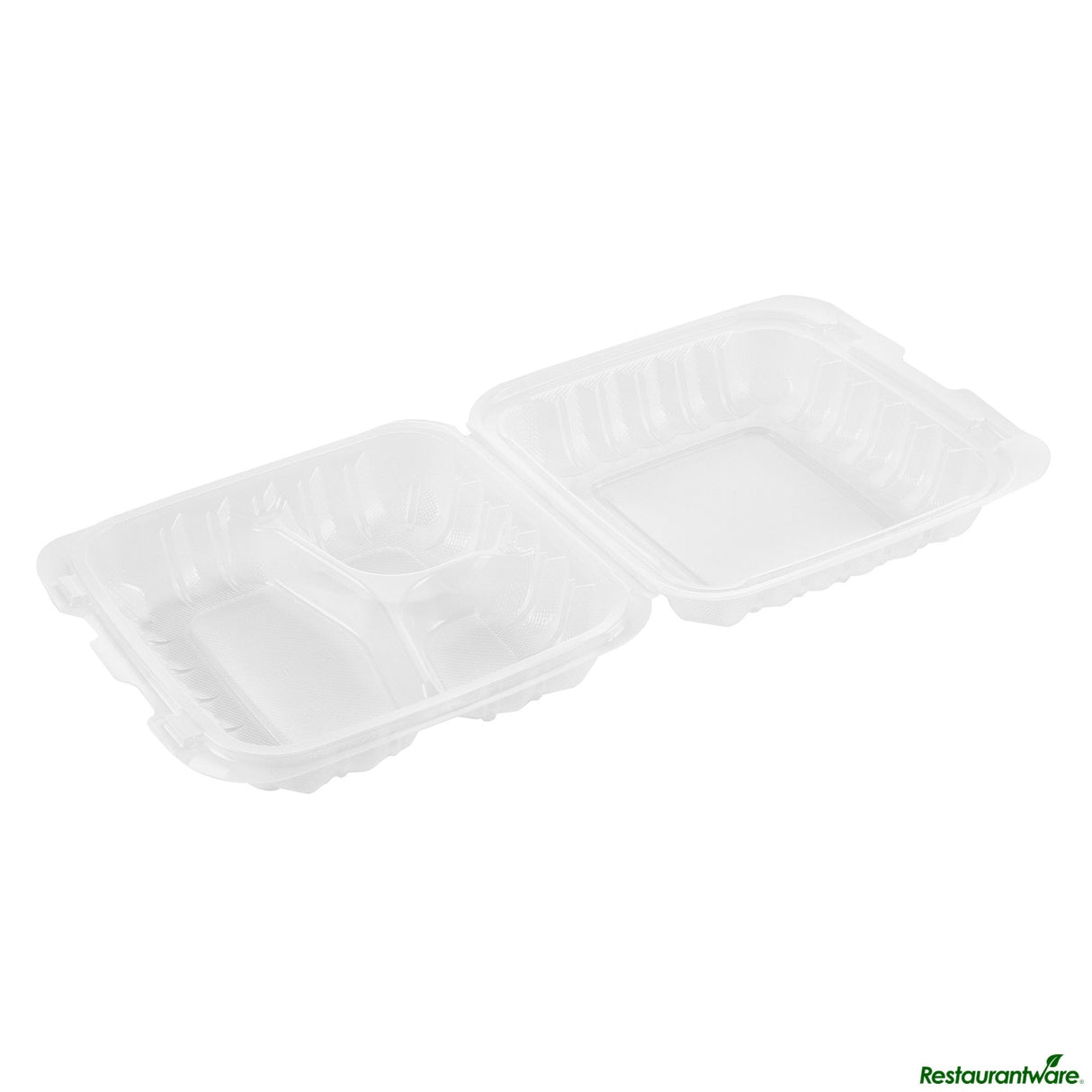 Containers, 3-Compartment, RW Base 30 Ounce, Microwavable Plastic, Clear, 7.50 x 7.50 x 2.75, Clamshell, Square,50 - 1 EACH