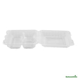 Containers, 3-Compartment, RW Base 47 Ounce, Microwavable Plastic, Clear, 9 x 9 x 3.50 Inch, Clamshell, Square,50 - 1 EACH