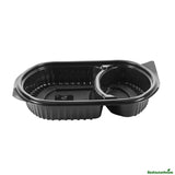 Containers, 2-Compartment, RW Base 28 Ounce, Microwavable Plastic, Black, 9.50 x 8 x 2.75 Inch, Oval, Includes Clear Lid,50 - 1 EACH