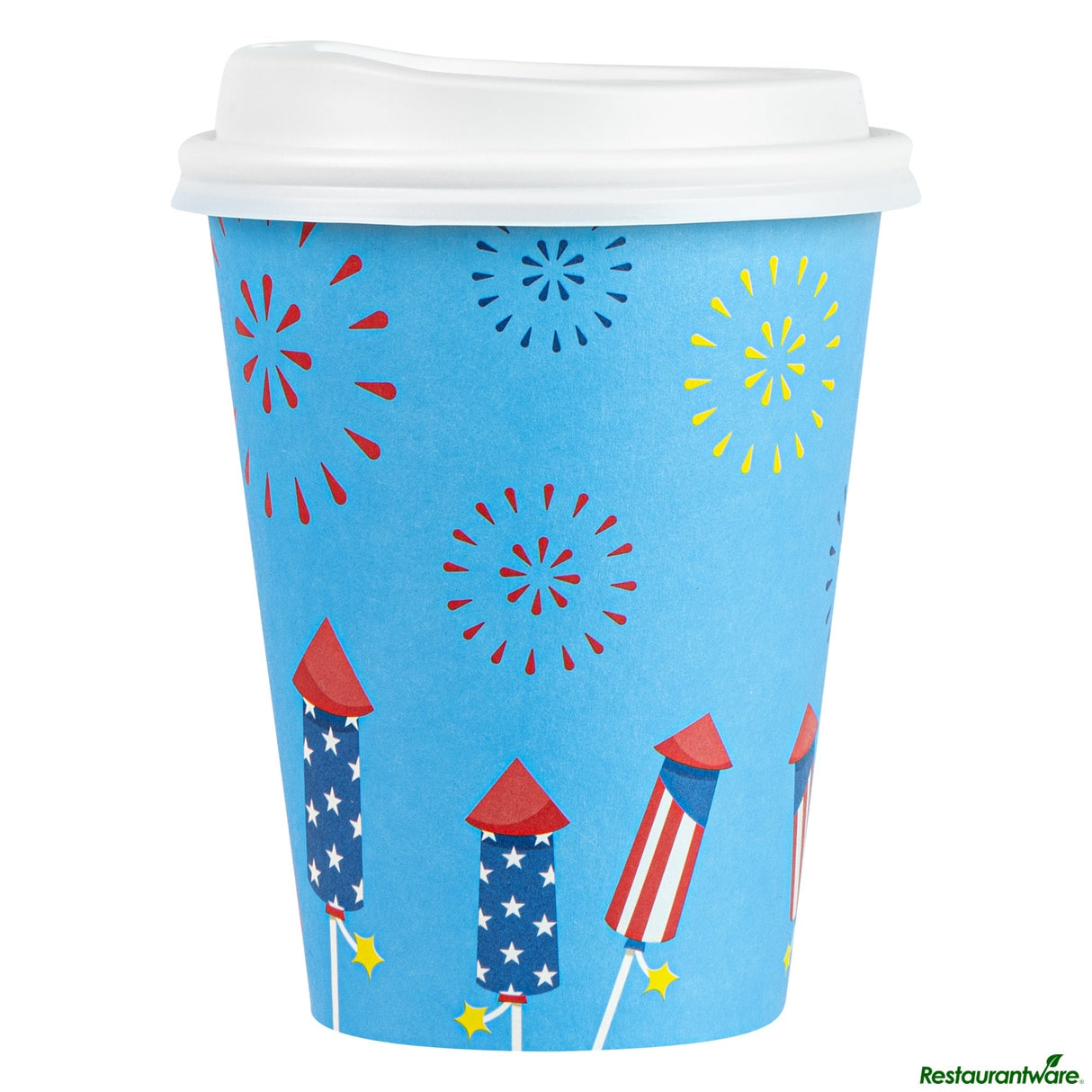 Cups, Hot, Restpresso 12 Ounce, Paper, 4th of July, Single Wall, 3.5 x 3.5 x 4.75 Inch, with White Lid,20 - 1 EACH