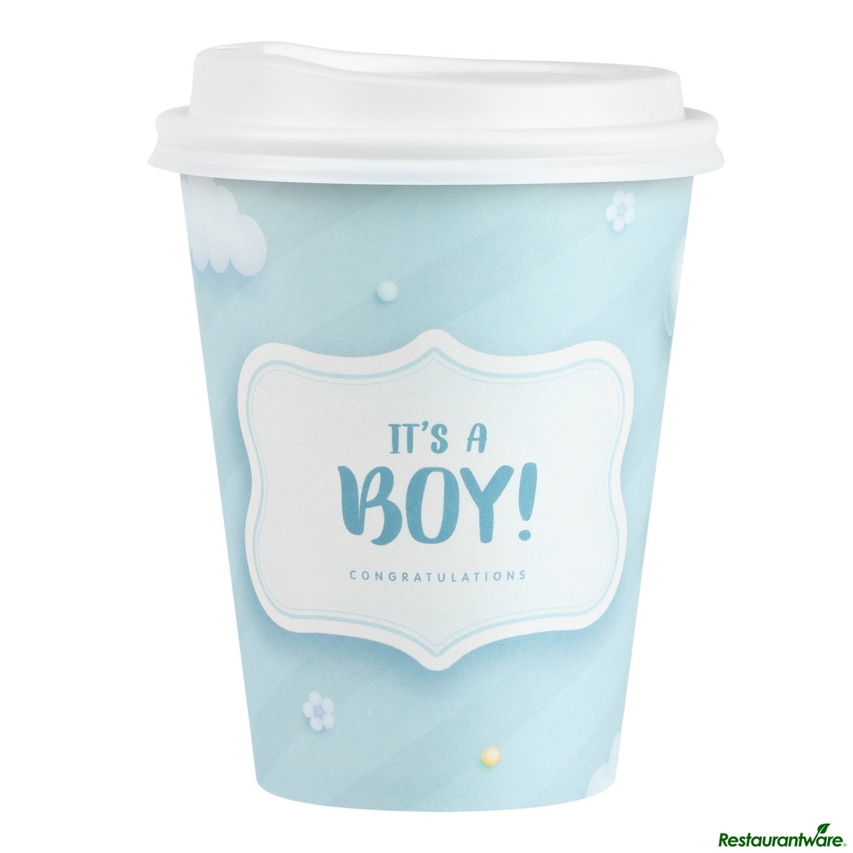 Cups, Hot, Restpresso 12 Ounce, Paper, It's a Boy, Single Wall, 3.5 x 3.5 x 4.75 Inch, with White Lid,20 - 1 EACH