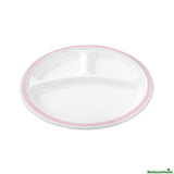 Plates, 3-Compartment, 10.25 Inch, Sugarcane, White, with Pink Rim,4 - 25 COUNT