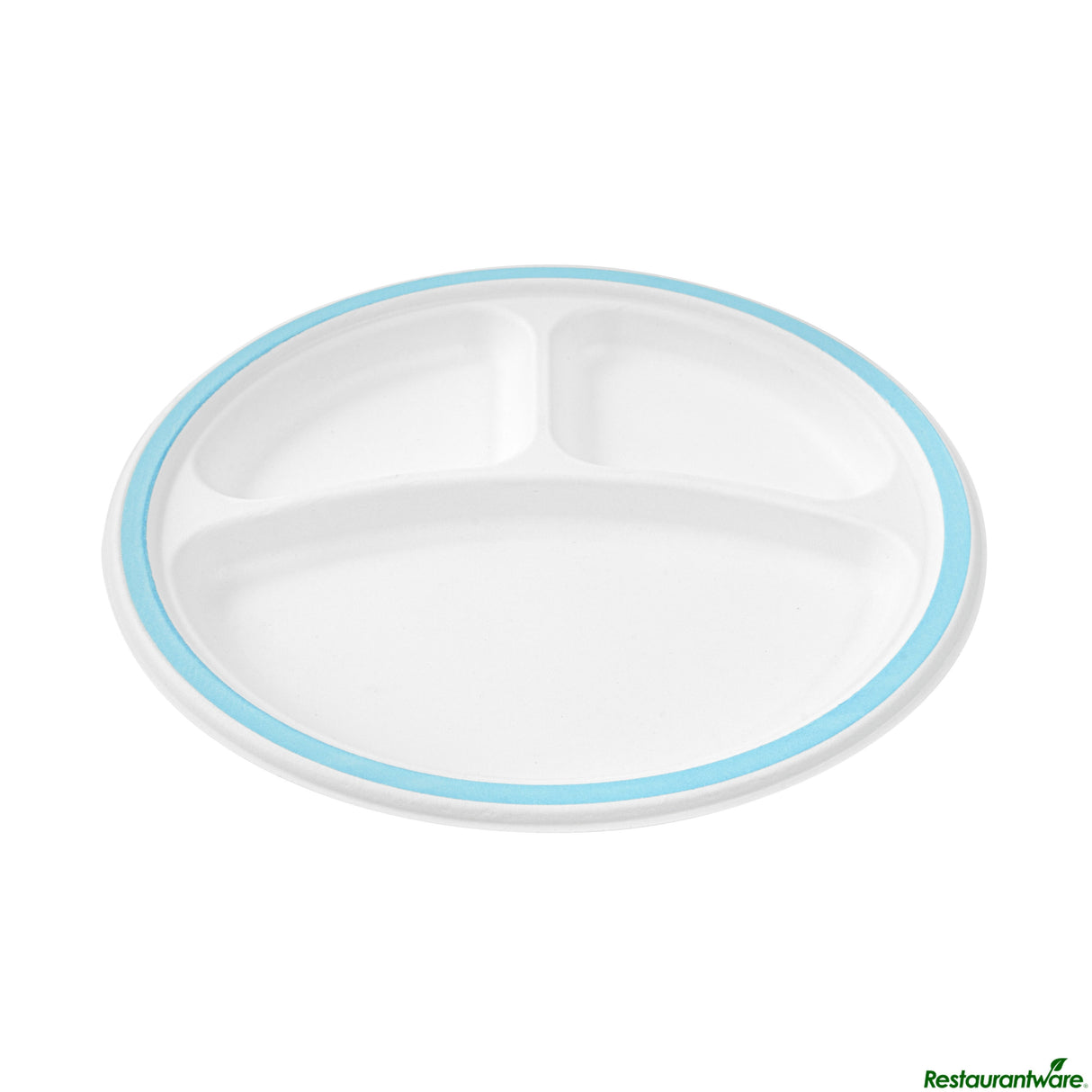 Plates, 3-Compartment, 10.25 Inch, Sugarcane, White, with Blue Rim,4 - 25 COUNT