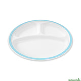 Plates, 3-Compartment, 10.25 Inch, Sugarcane, White, with Blue Rim,4 - 25 COUNT