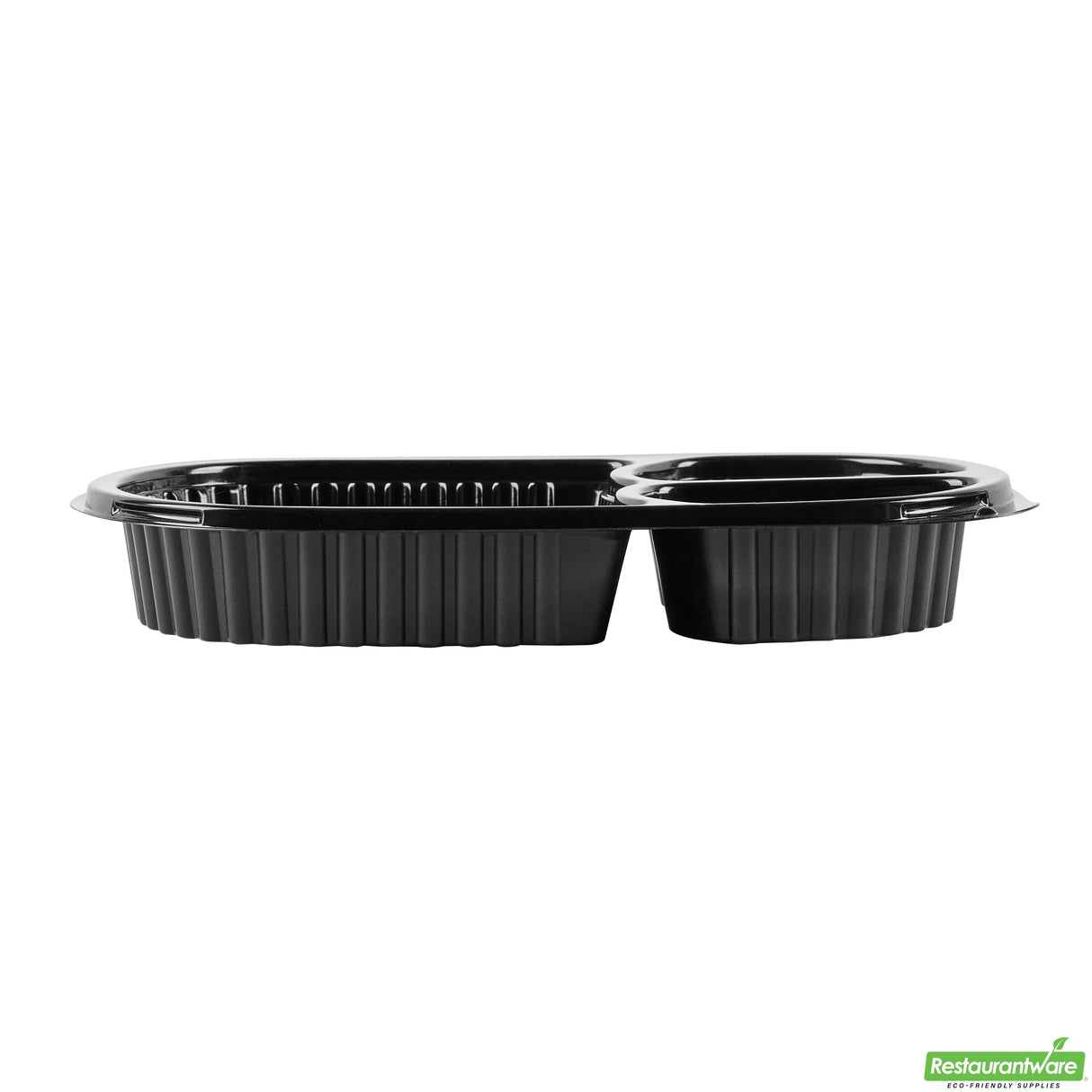 Containers, 3-Compartment, RW Base 19 Ounce, Microwavable Plastic, Black, 9.25 x 6 x 2.25 Inch, Oval, Includes Clear Lid,2 - 50 COUNT
