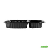 Containers, 3-Compartment, RW Base 19 Ounce, Microwavable Plastic, Black, 9.25 x 6 x 2.25 Inch, Oval, Includes Clear Lid,2 - 50 COUNT