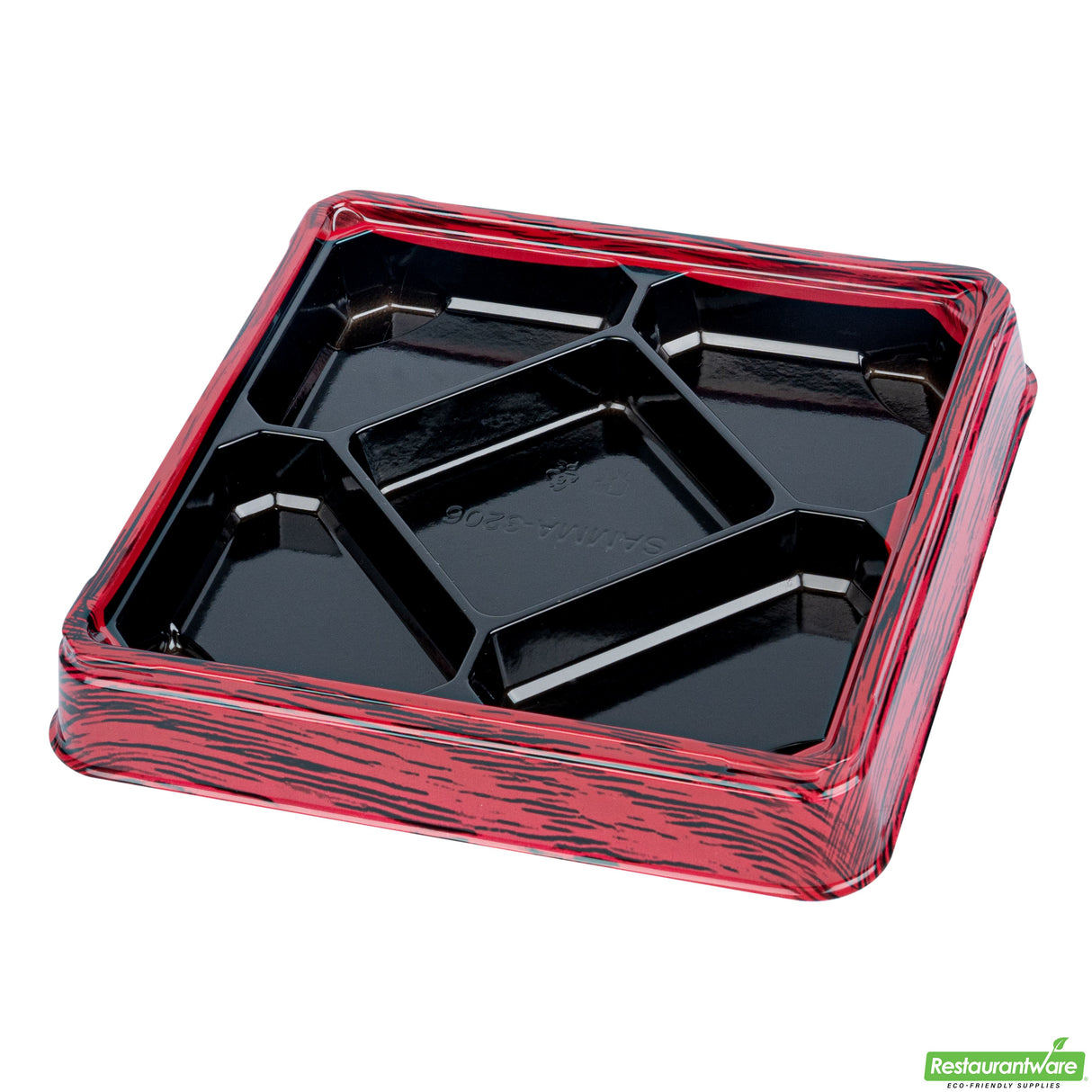 Boxes, 5-Compartment, Bento Tek 19 Ounce, Plastic, Red & Black, 8.50 x 8.50 x 1.25 Inch, Square,2 - 50 COUNT