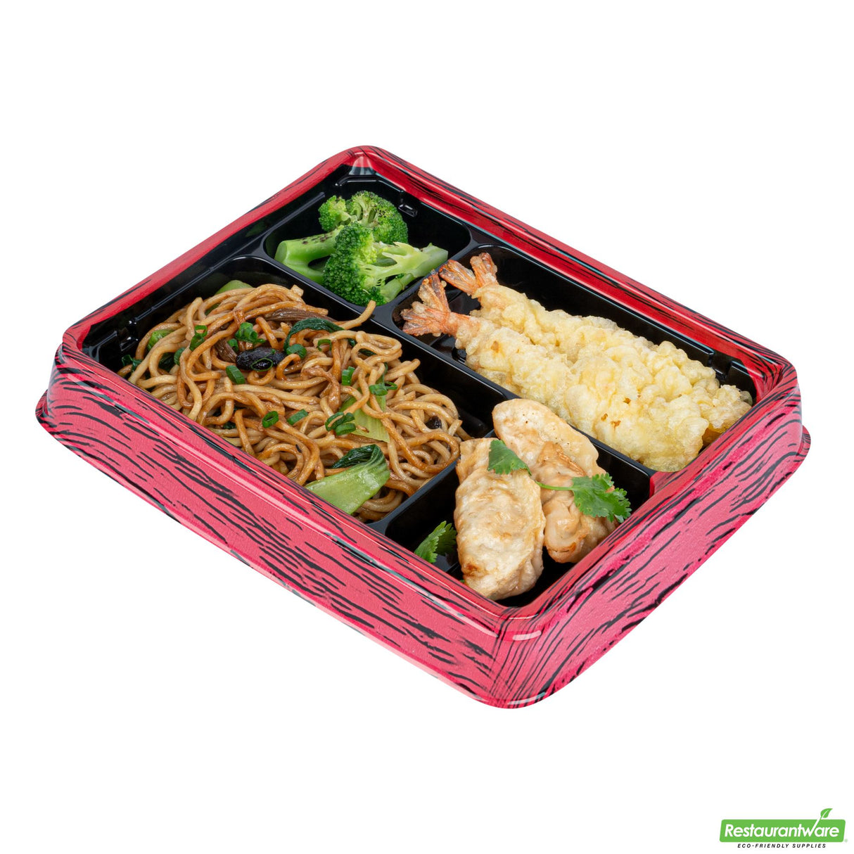 Boxes, 4-Compartment, Bento Tek 15 Ounce, Plastic, Red & Black, 8.75 x 7.50 x 1.50 Inch, Rectangular,50 - 1 EACH