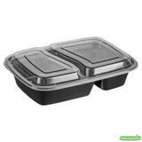 Containers, 2-Compartment Food, Asporto 32 Ounce, Microwavable Plastic, Black, 8.75 x 6 x 2 Inch, Includes Clear Plastic Lid,50 - 1 EACH