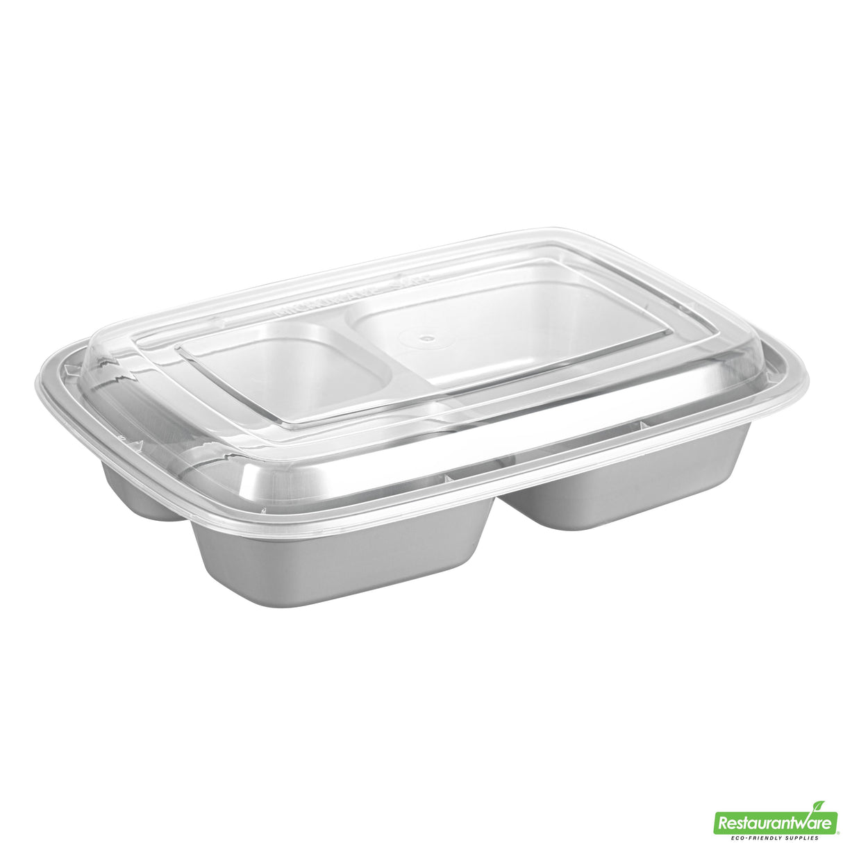 Containers, 3-Compartment Food, Asporto 26 Ounce, Microwavable Plastic, Silver, 8.75 x 6 x 1.50 Inch, Includes Clear Plastic Lid,2 - 50 COUNT