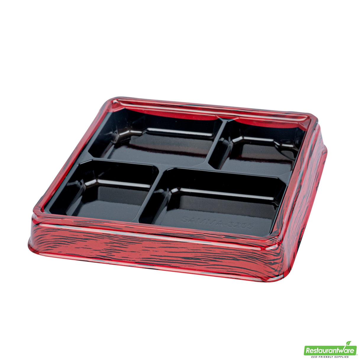Boxes, 4-Compartment, Bento Tek 18 Ounce, Plastic, Red & Black, 8.50 x 8.50 x 1.25 Inch, Square,2 - 50 COUNT