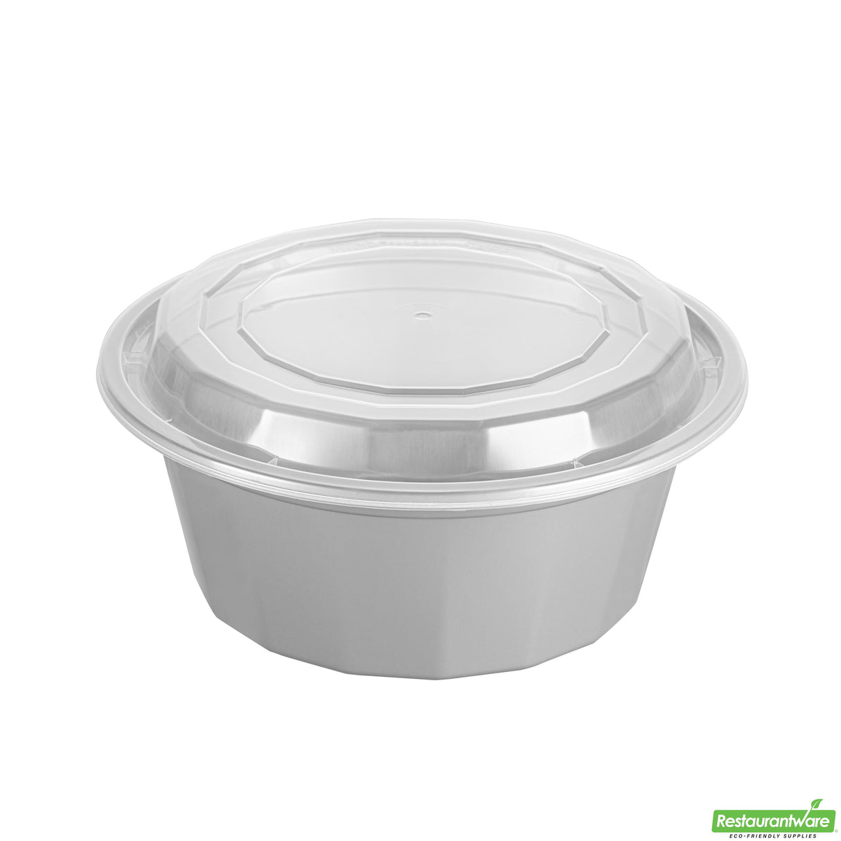 Boxes, To-Go, Asporto 32 Ounce, Microwavable Plastic, Silver, 7.25 x 7.25 x 3 Inch, Includes Clear Plastic Lid, Round,2 - 50 COUNT