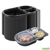 Containers, 3-Compartment, RW Base 19 Ounce, Microwavable Plastic, Black, 9.25 x 6 x 2.25 Inch, Oval, Includes Clear Lid,50 - 1 EACH