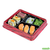 Boxes, 5-Compartment, Bento Tek 18 Ounce, Plastic, Red & Black, 9.25 x 7.75 x 1.25 Inch, Rectangular,50 - 1 EACH
