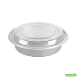 Boxes, To-Go, Asporto 24 Ounce, Microwavable Plastic, Silver, 7.25 x 7.25 x 1.50 Inch, Includes Clear Plastic Lid, Round,2 - 50 COUNT