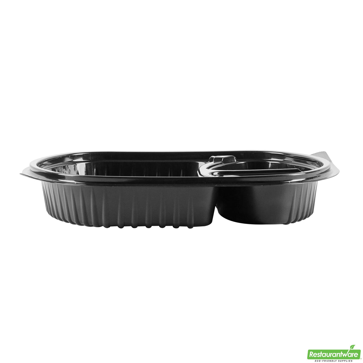 Containers, 3-Compartment, RW Base 27 Ounce, Microwavable Plastic, Black, 9.50 x 8 x 2.75 Inch, Oval, Includes Clear Lid,2 - 50 COUNT