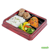 Boxes, 4-Compartment, Bento Tek 18 Ounce, Plastic, Red & Black, 8.50 x 8.50 x 1.25 Inch, Square,50 - 1 EACH