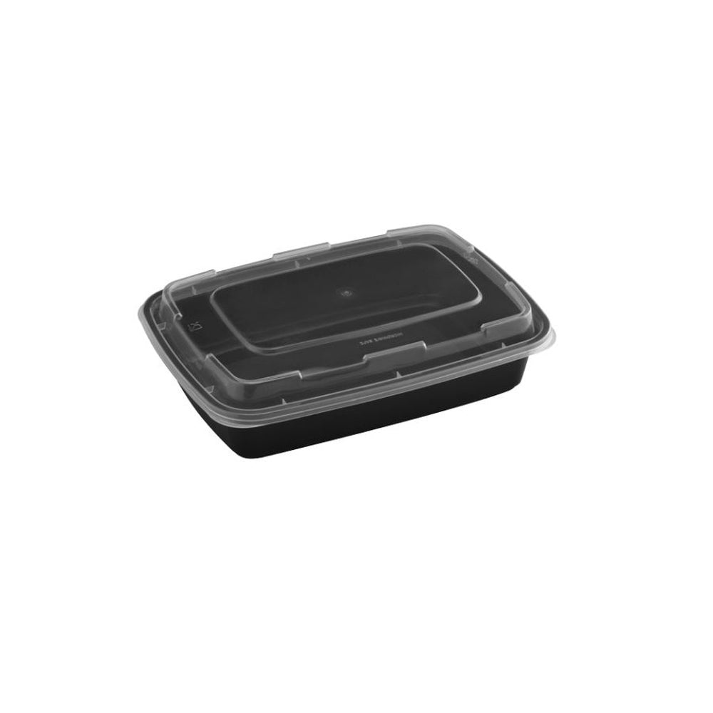 Container, 32 Ounce, Microwaveable Plastic, Black, Rectangle, With Lid,150 - 1 COUNT