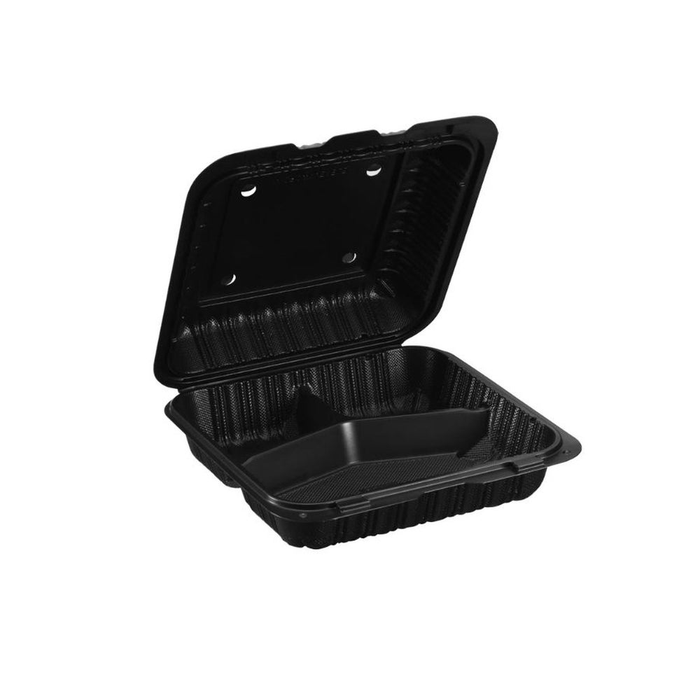 Container, 3-Compartment, 7 x 7 Inch, Microwaveable Plastic, Black, Hinged, Vented, MFPP,150 - 1 COUNT