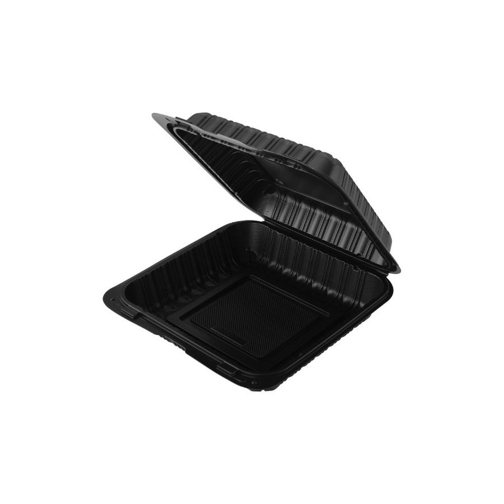 Container, 8 x 8 Inch, Microwaveable Plastic, Black, Hinged, Vented, MFPP,150 - 1 COUNT