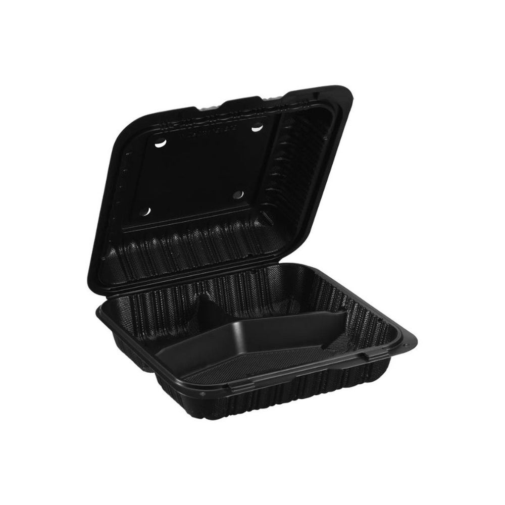 Container, 3-Compartment, 8 x 8 Inch, Microwaveable Plastic, Black, Hinged, Vented, MFPP,150 - 1 COUNT
