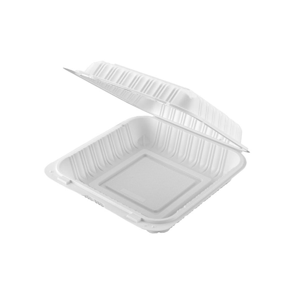 Container, 9 x 9 Inch, Microwaveable Plastic, White, Hinged, Vented, MFPP,150 - 1 COUNT