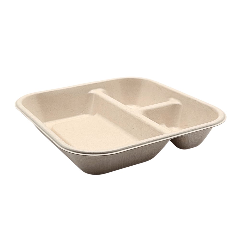 Tray, 3-Compartment, 8.5 x 8.5 Inch, Coated Bagasse, Square,300 - 1 COUNT