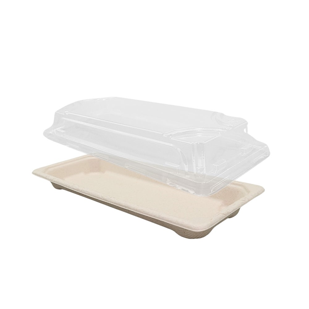 Tray, Sushi, 8.8 x 3.7 Inch, Coated Bagasse, Rectangle, With Lid,500 - 1 COUNT