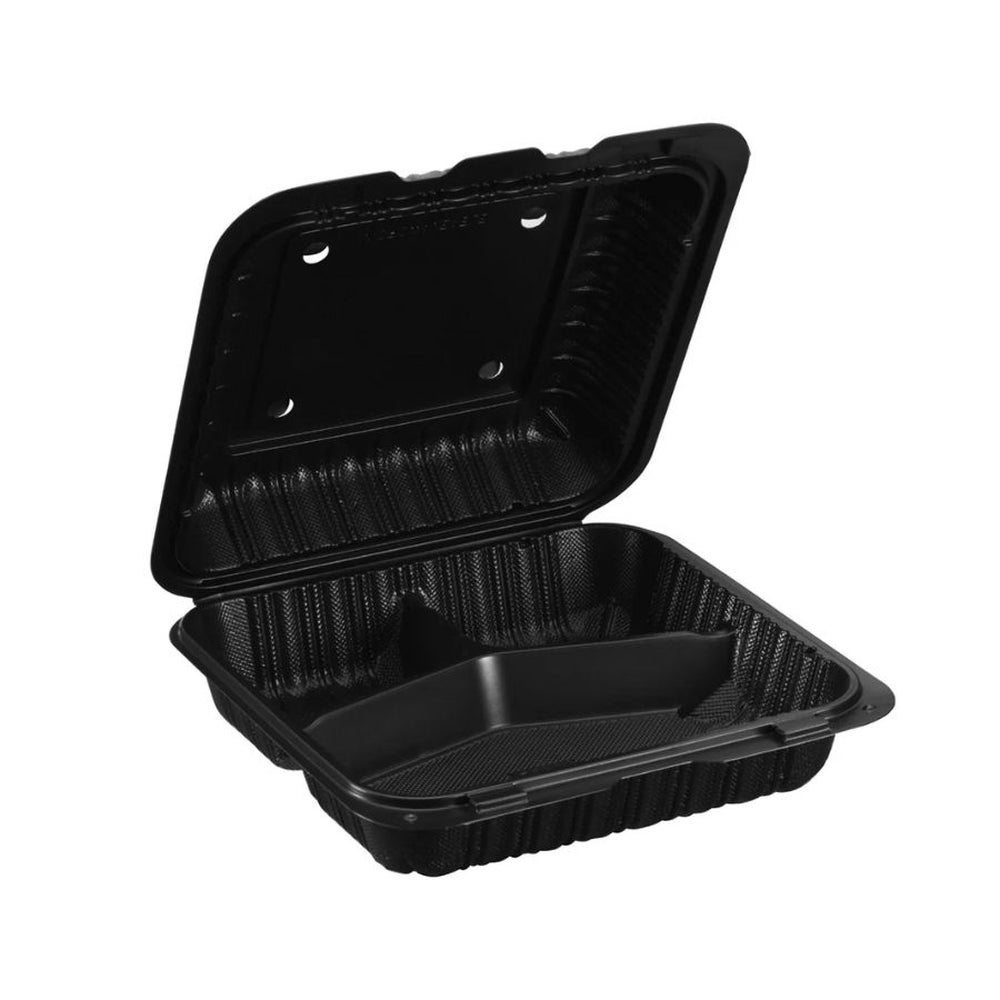 Container, 3-Compartment, 9 x 9 Inch, Microwaveable Plastic, Black, Hinged, Vented, MFPP,150 - 1 COUNT