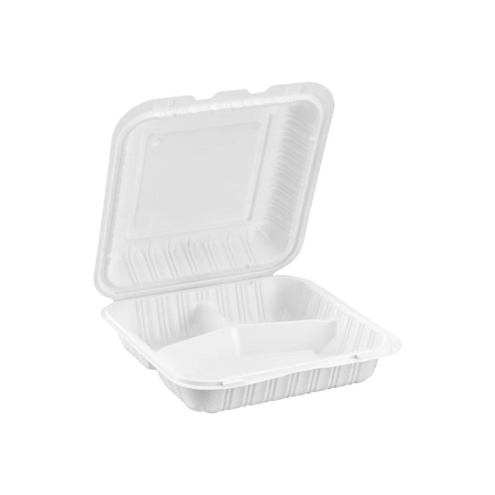 Container, 3-Compartment, 9 x 9 Inch, Microwaveable Plastic, White, Hinged, Vented, MFPP,150 - 1 COUNT
