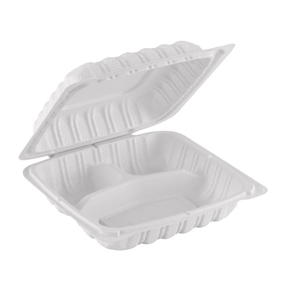 Container, 3-Compartment, 9 x 9 Inch, Plastic, White, Clamshell, MFPP,150 - 1 COUNT