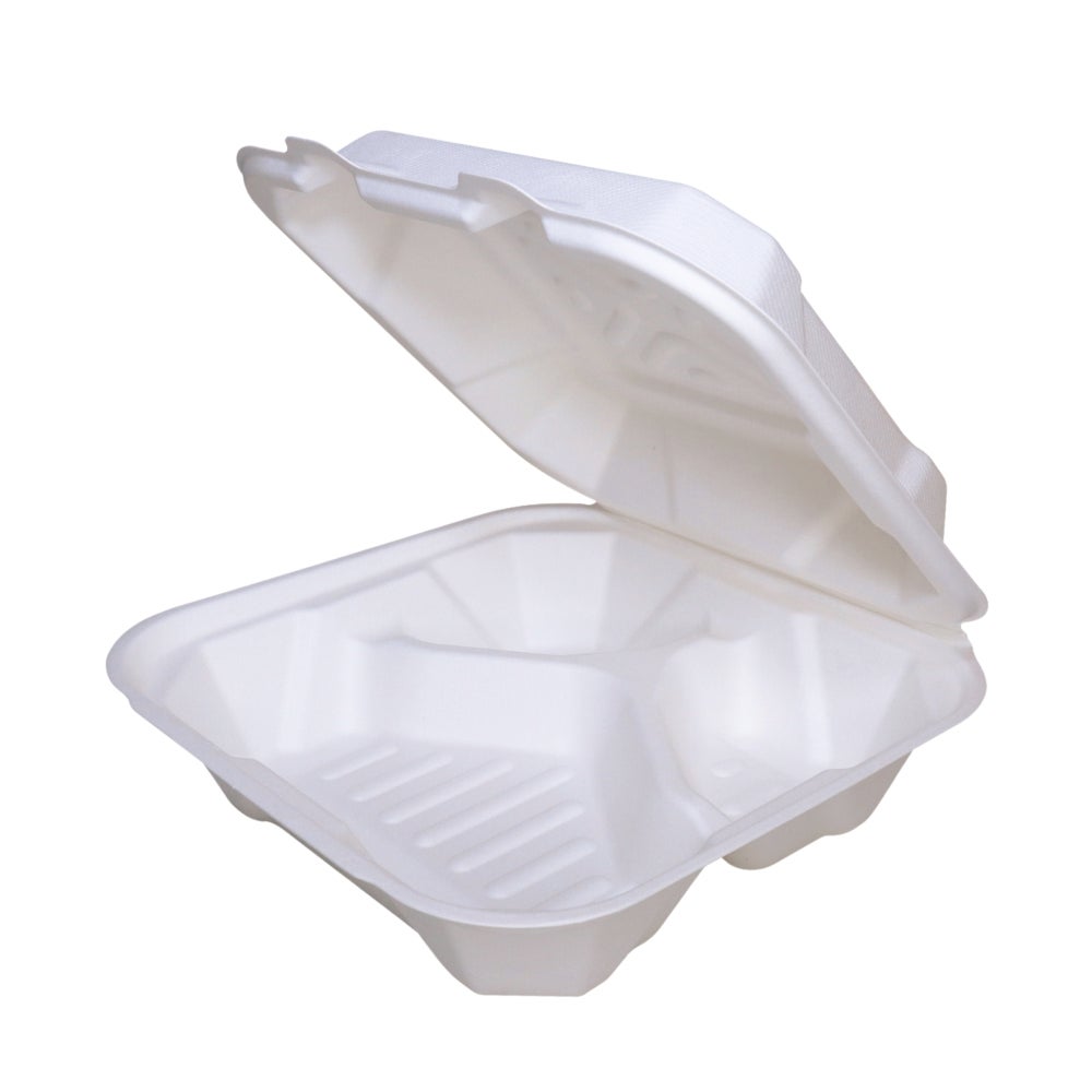 Container, 3-Compartment, 9 x 9 Inch, Sugarcane, White,200 - 1 COUNT