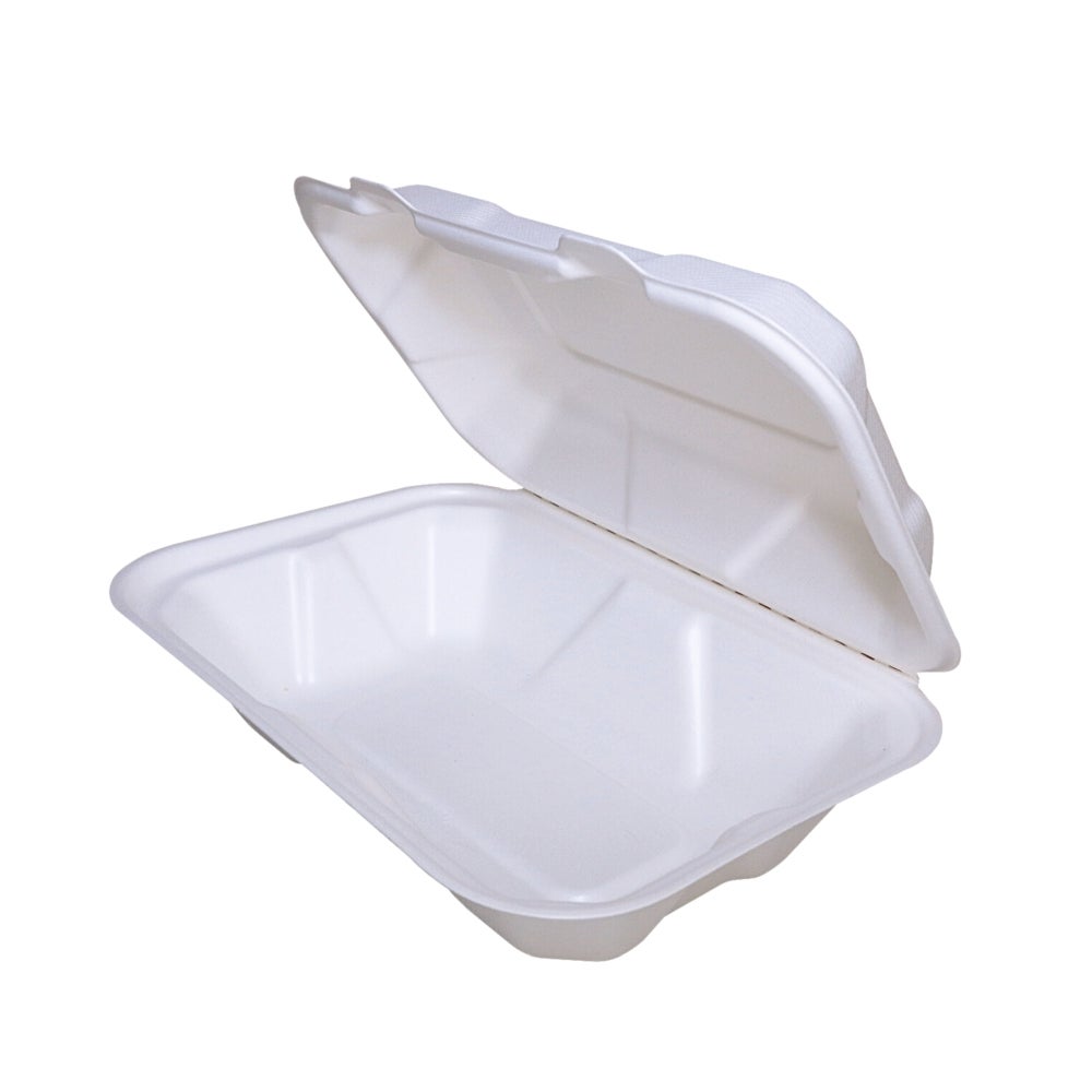 Container, 9 x 6 Inch, Sugarcane, White, Rectangle, Hinged,250 - 1 COUNT