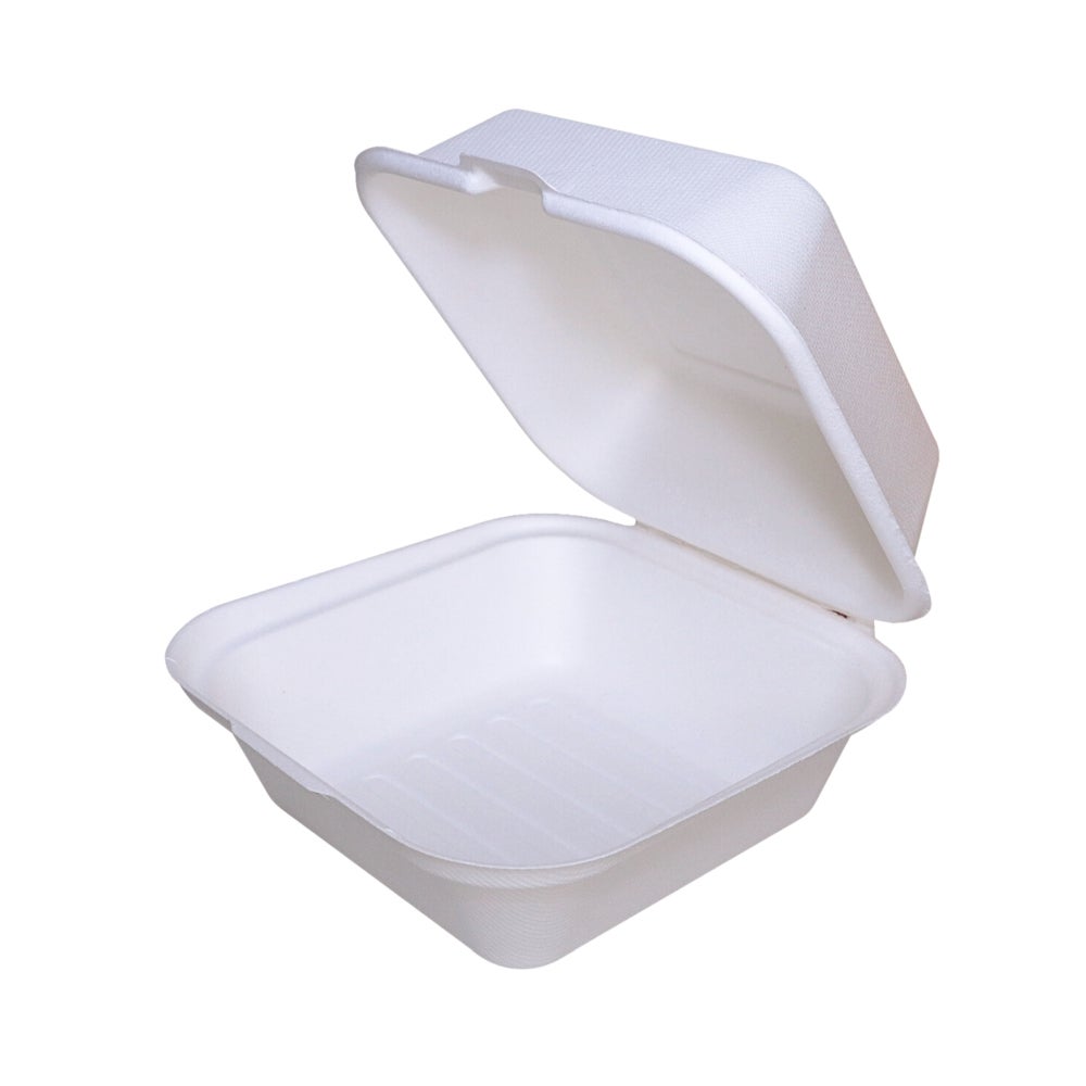 Container, 6 x 6 Inch, Sugarcane, White, Hinged,500 - 1 COUNT